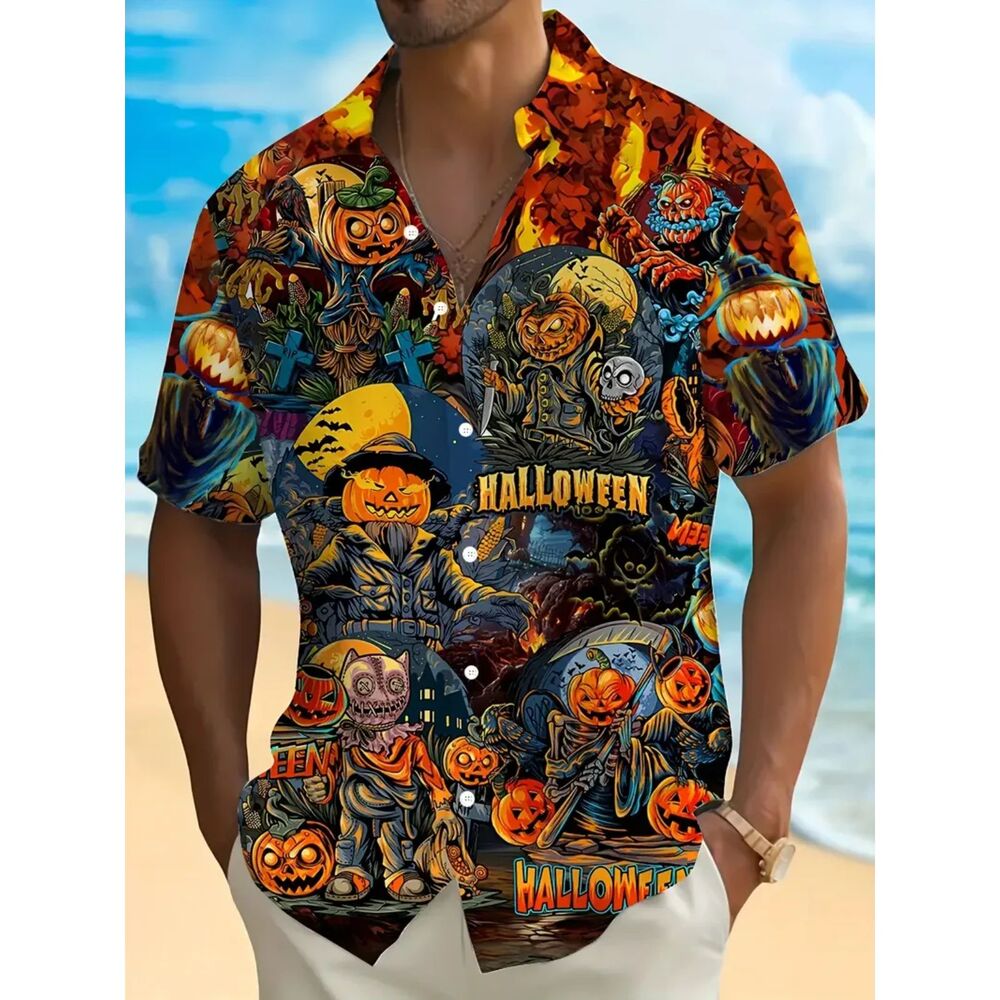 Halloween Graphics Hawaiian Button Down Collar Men's XXL Casual Party Shirt #L